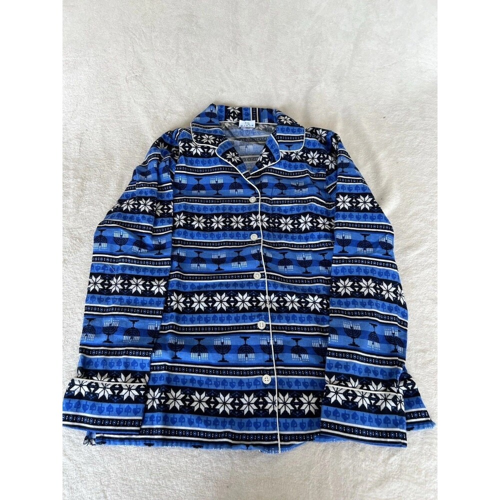 Lands' End Men's XS Pajama Top 100% Cotton Blue Hanukkah Menorah Fair Isle